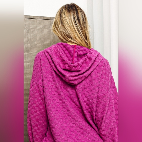 BiBi Magenta Brushed Checker Drawstring Long Sleeve Hoodie - Picture 7 of 9